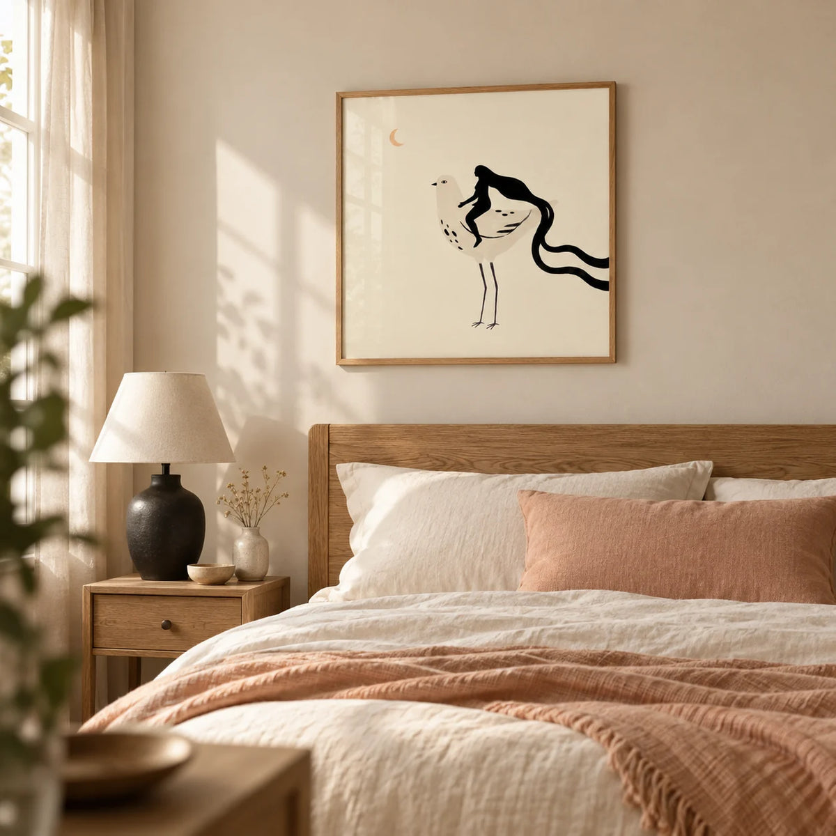 Whimsical Bird Art Print, framed on the wall of a restful adult bedroom in a terraced home with a pale beige wall