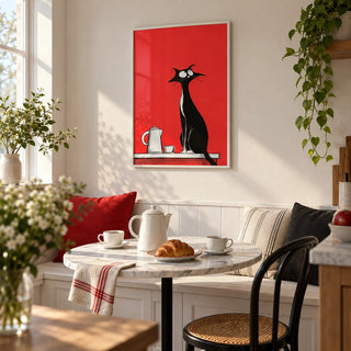 Whimsical Cat Wall Art, framed on the wall of a breakfast nook in a kitchen