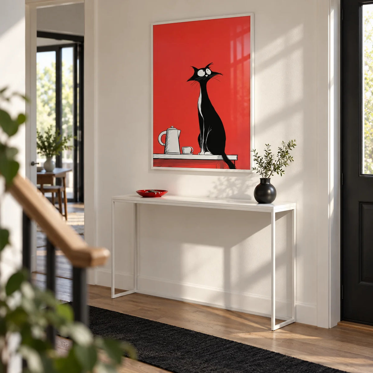 Whimsical Cat Wall Art, framed on the wall of a bright hallway