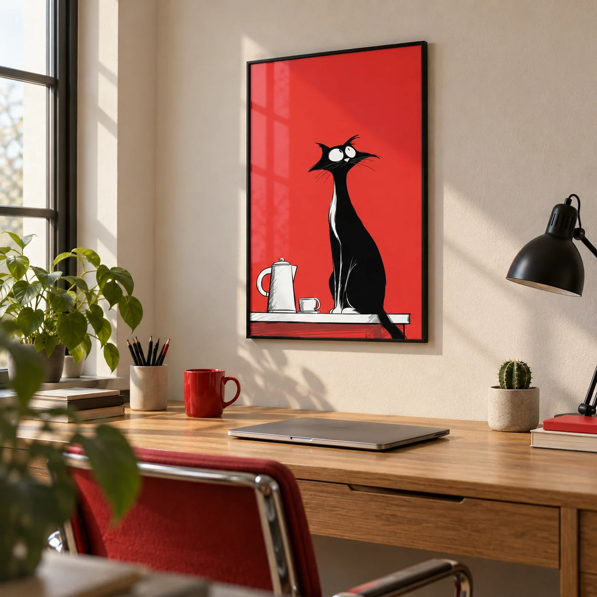 Whimsical Cat Wall Art, framed on the wall of a creative home office