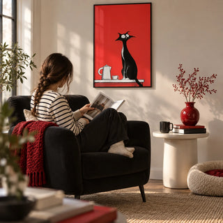 Whimsical Cat Wall Art, framed on the wall of a quirky modern living room