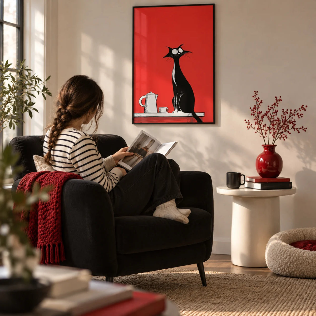 Whimsical Cat Wall Art, framed on the wall of a quirky modern living room