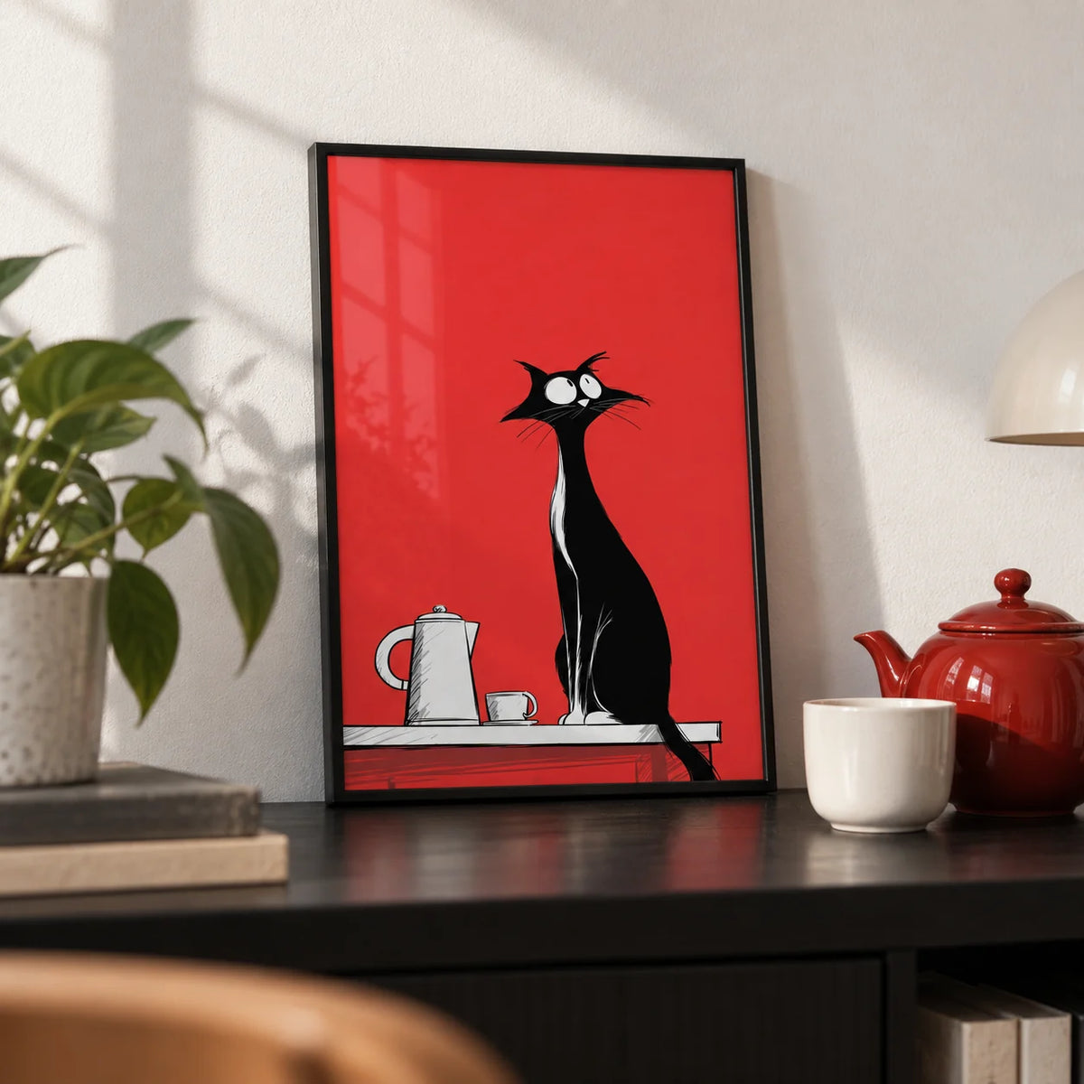 Whimsical Cat Wall Art, a small A4 framed print leaning on a black shelf in a living room