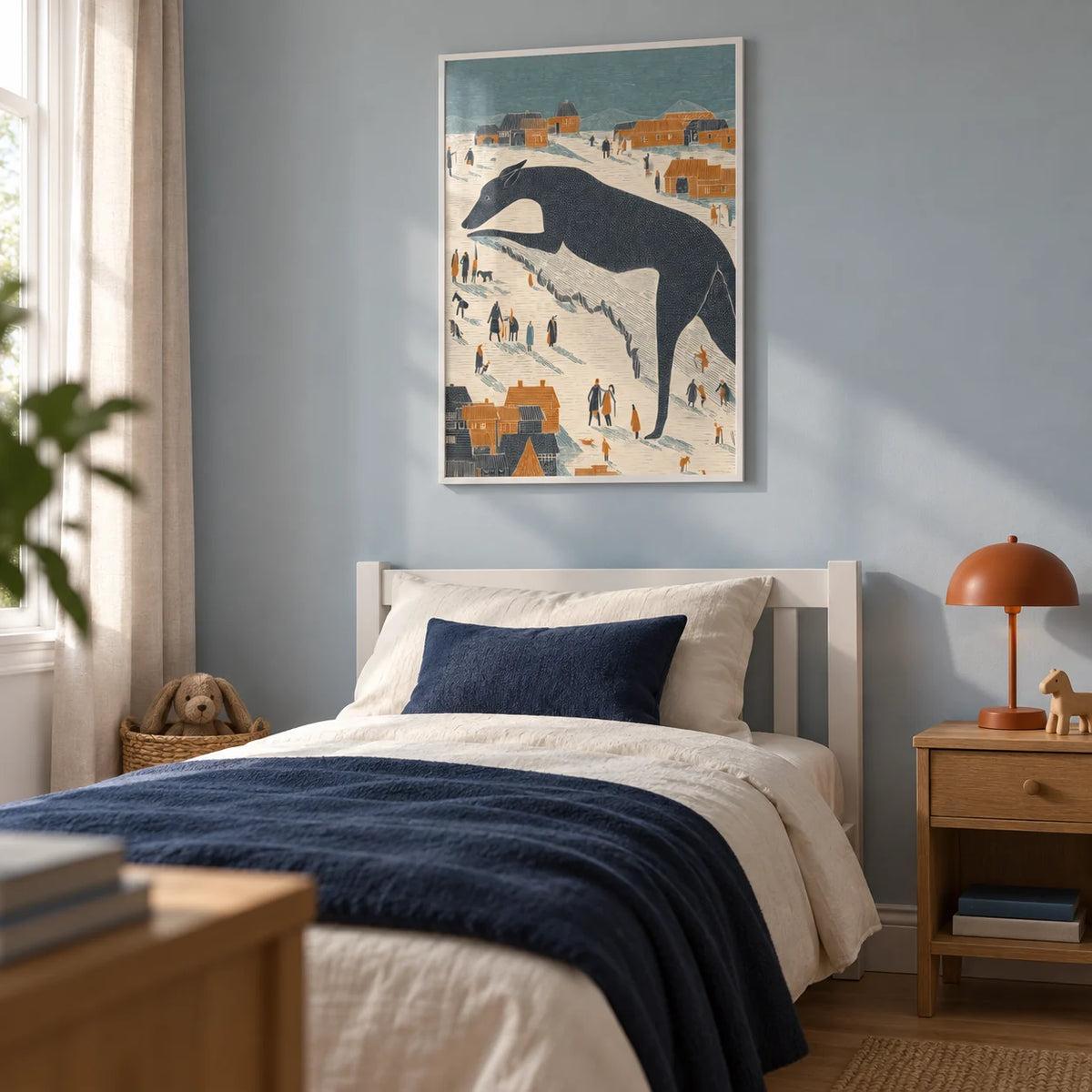 Whimsical Dog Art, framed on the wall of a calm child's bedroom for a 7 year old with a pale blue-grey wall