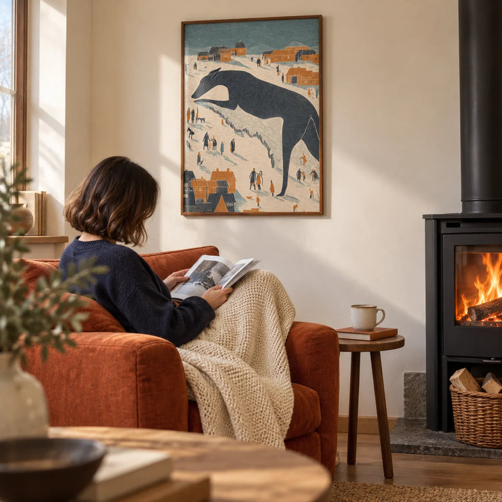 Whimsical Dog Art, framed on the wall of a cosy reading corner beside a black wood burner with a warm white wall in a living room
