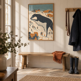 Whimsical Dog Art, framed on the wall of a country boot room hallway with warm white painted panelling and a plain stone floor