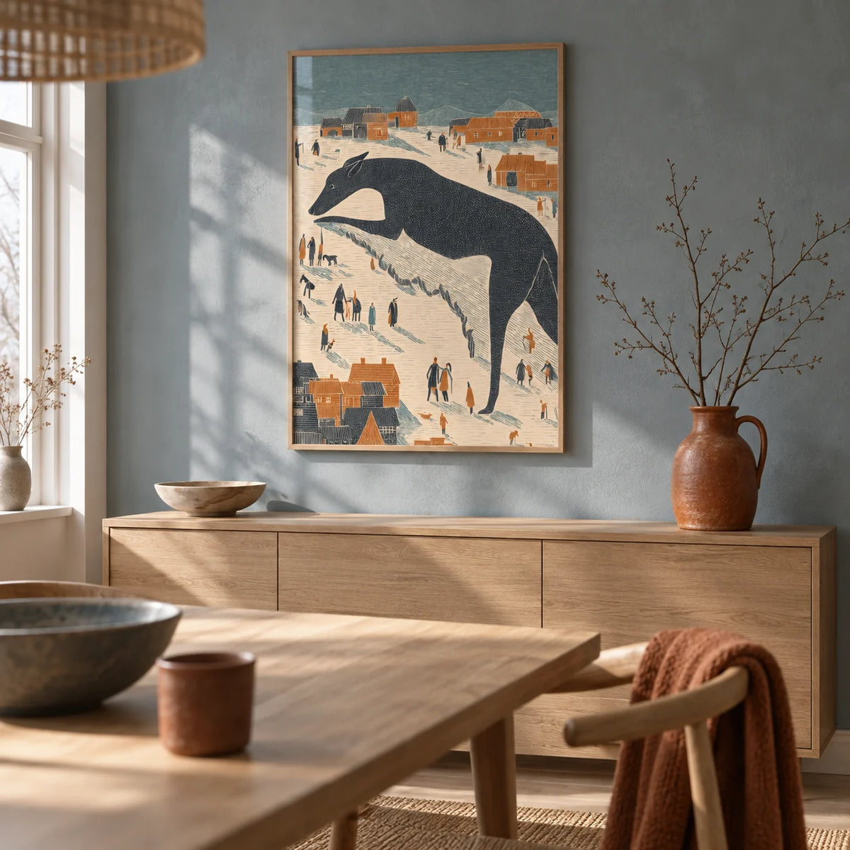 Whimsical Dog Art, framed on the wall of a Scandi cottage dining room with a soft grey-blue limewashed wall