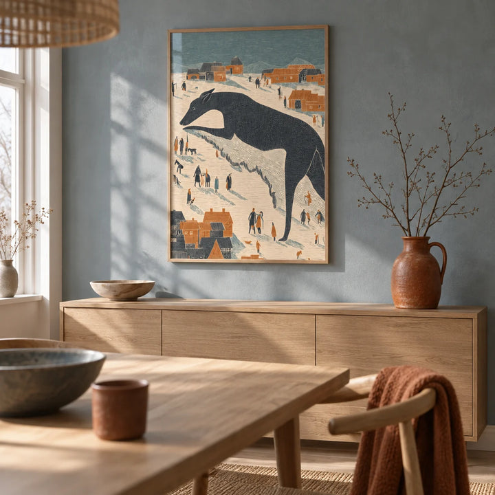 Whimsical Dog Art, framed on the wall of a Scandi cottage dining room with a soft grey-blue limewashed wall