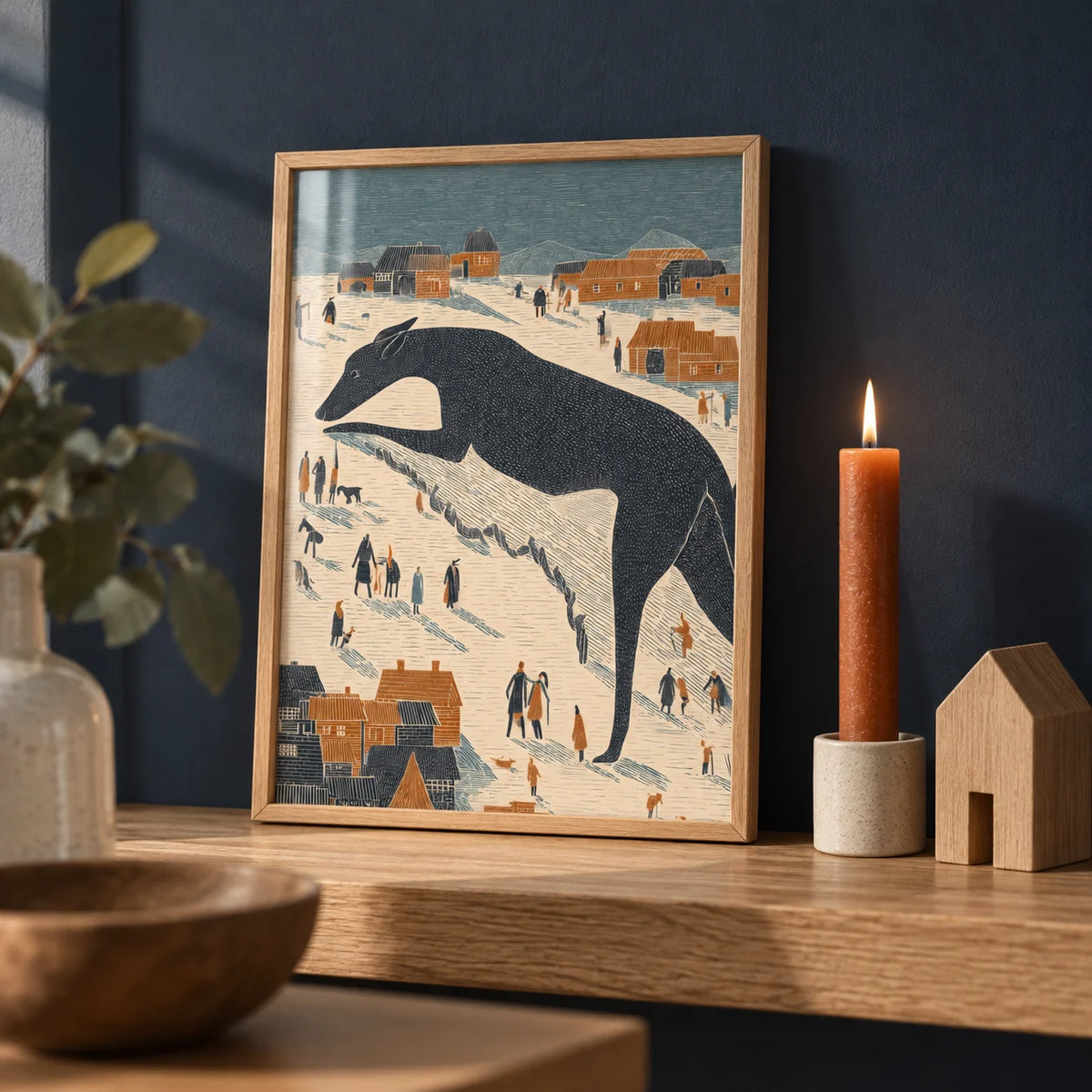 Whimsical Dog Art, a small A4 framed print leaning on an oak shelf in a living room