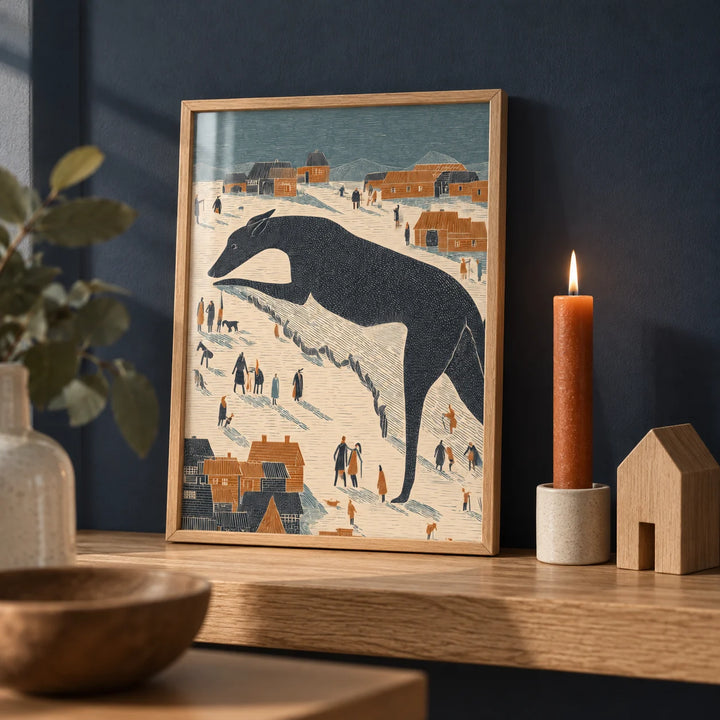 Whimsical Dog Art, a small A4 framed print leaning on an oak shelf in a living room