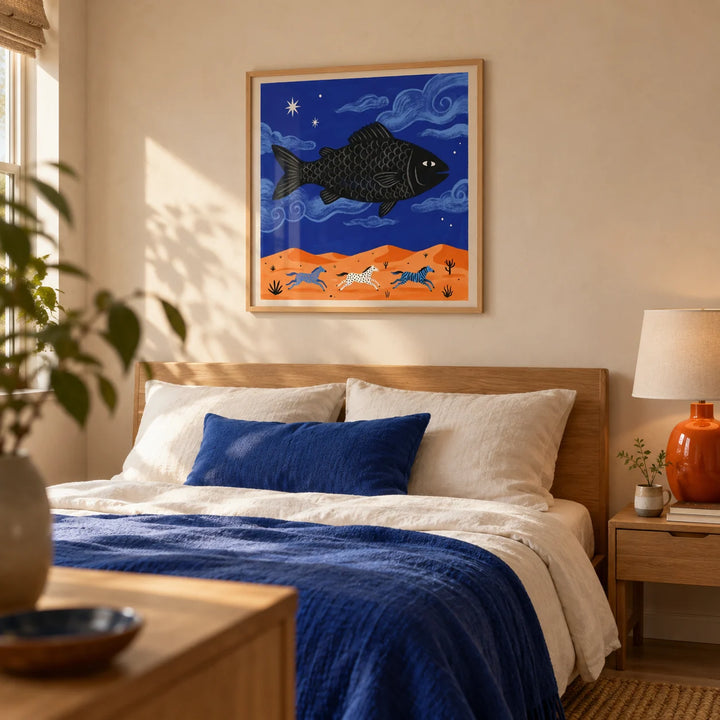 Whimsical Fish Art Print, framed on the wall of a calm bedroom in a young couple's terraced home