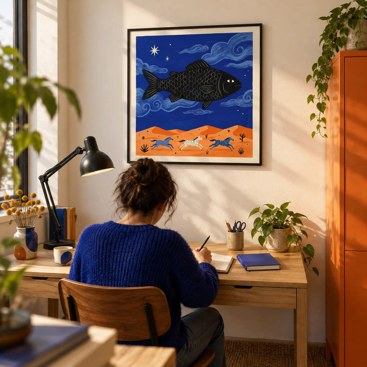Whimsical Fish Art Print, framed on the wall of a compact creative home study with a warm white wall and an orange painted storage cabinet
