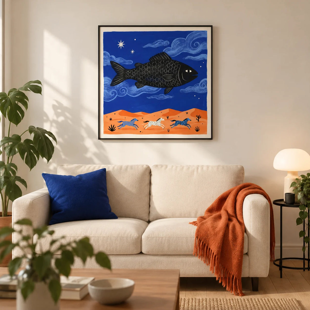 Whimsical Fish Art Print, framed on the wall of a creative living room in a UK first flat (22-28)