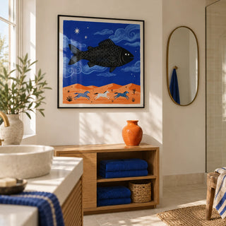 Whimsical Fish Art Print, framed on the wall of a playful modern coastal bathroom with warm white walls and plain cream tiles