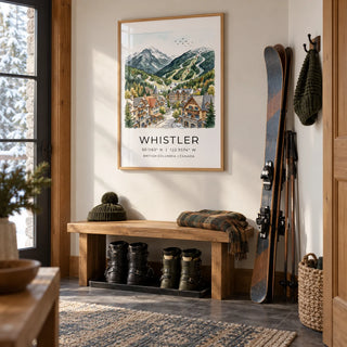 Whistler Mountain Print, framed on the wall of a boot room hallway