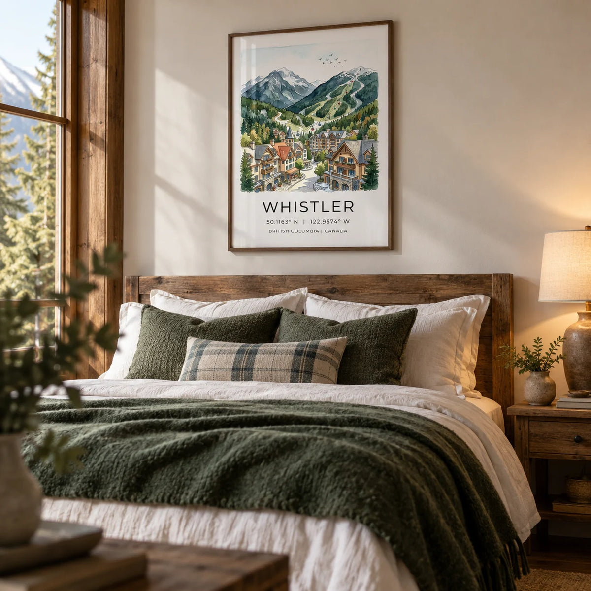 Whistler Mountain Print, framed on the wall of a cabin-style bedroom