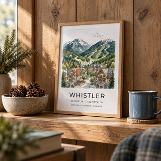Whistler Mountain Print, a small A4 framed print leaning on an oak shelf in a living room