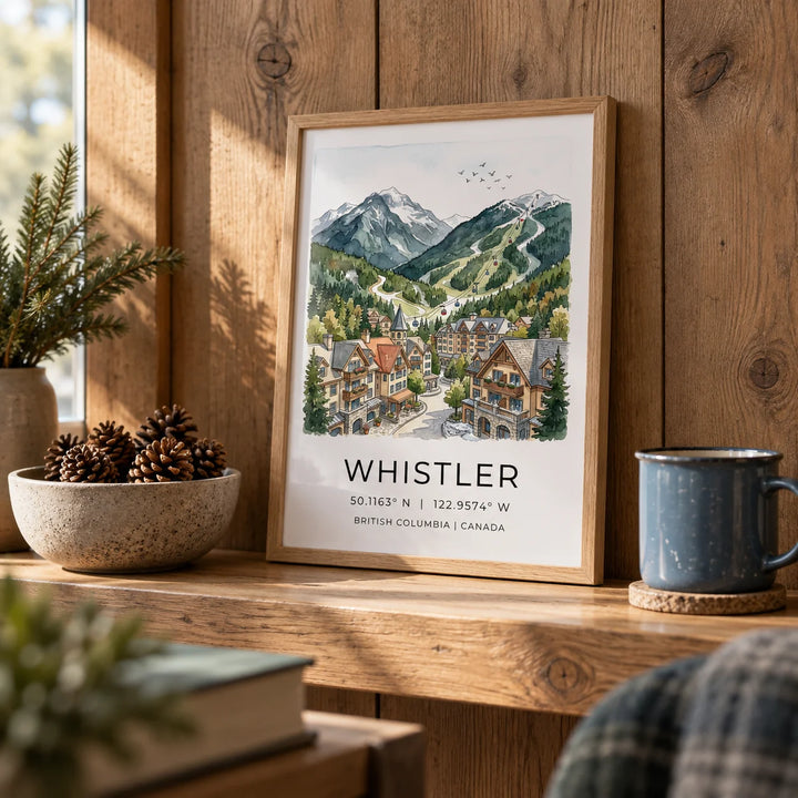 Whistler Mountain Print, a small A4 framed print leaning on an oak shelf in a living room