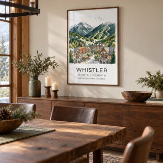 Whistler Mountain Print, framed on the wall of a warm lodge-style dining room