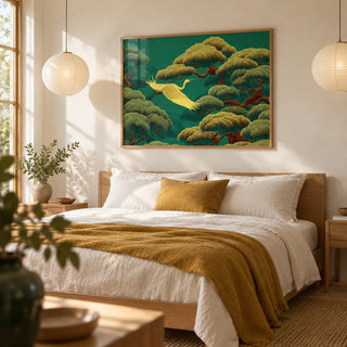 White Crane Painting, framed on the wall of a calm bedroom with a soft cream wall