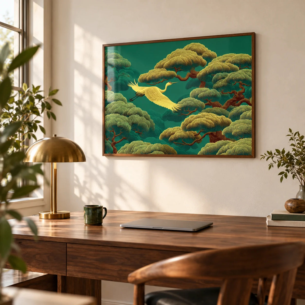 White Crane Painting, framed on the wall of a calm home office with a warm white wall