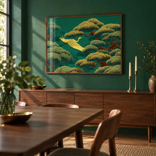 White Crane Painting, framed on the wall of a dining room with a deep emerald green painted wall