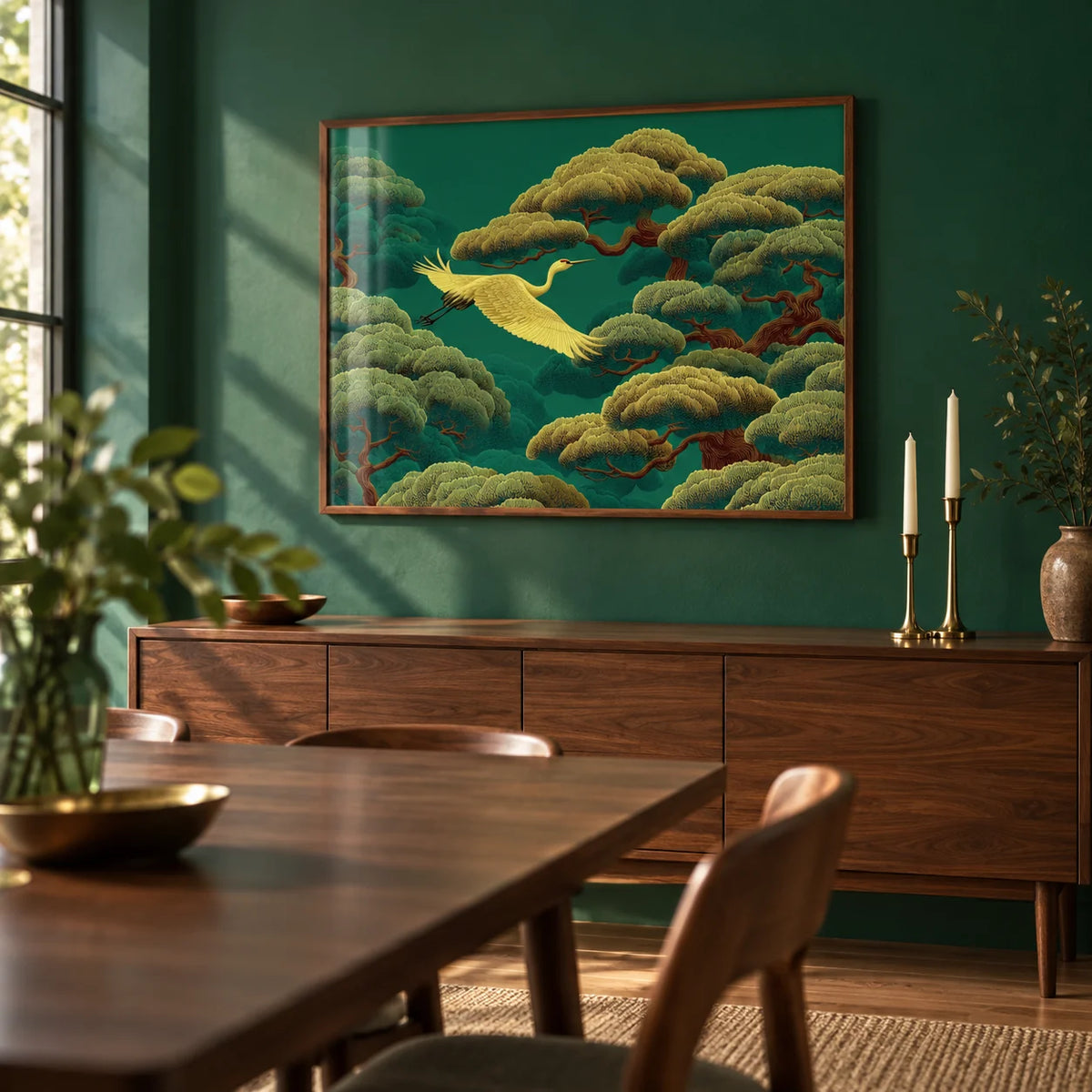 White Crane Painting, framed on the wall of a dining room with a deep emerald green painted wall