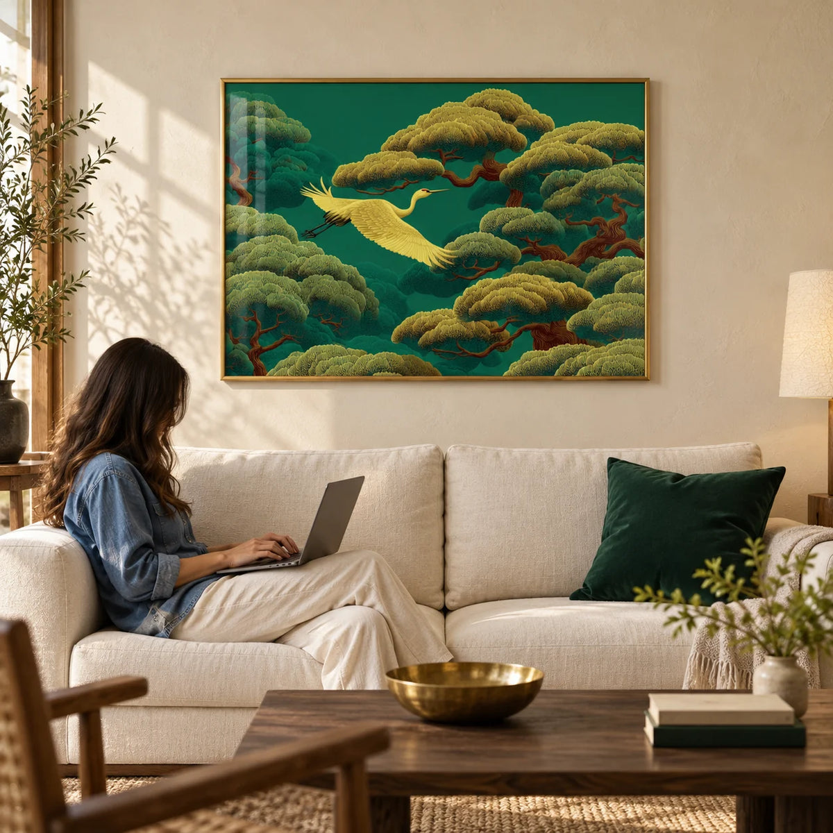 White Crane Painting, framed on the wall of a Japanese-modern living room with a warm cream plaster wall