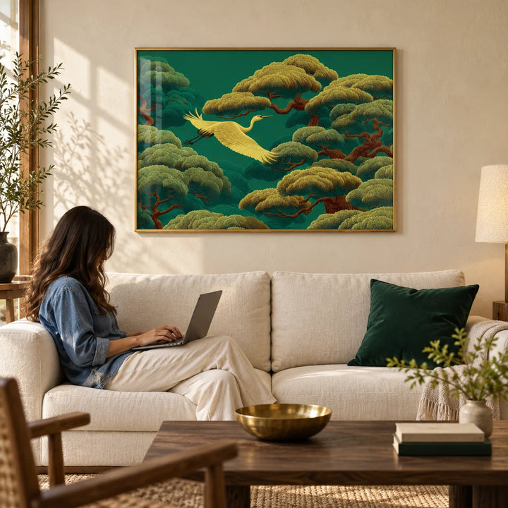 White Crane Painting, framed on the wall of a Japanese-modern living room with a warm cream plaster wall