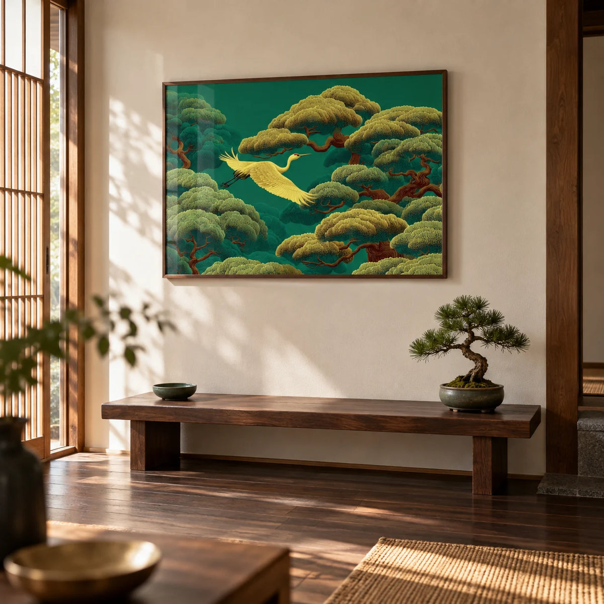 White Crane Painting, framed on the wall of a Japanese-style entrance hall with dark wood floorboards and a cream wall