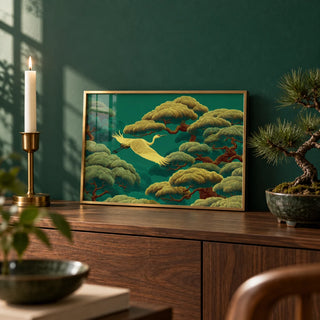White Crane Painting, a small A4 framed print leaning on a walnut sideboard in a living room