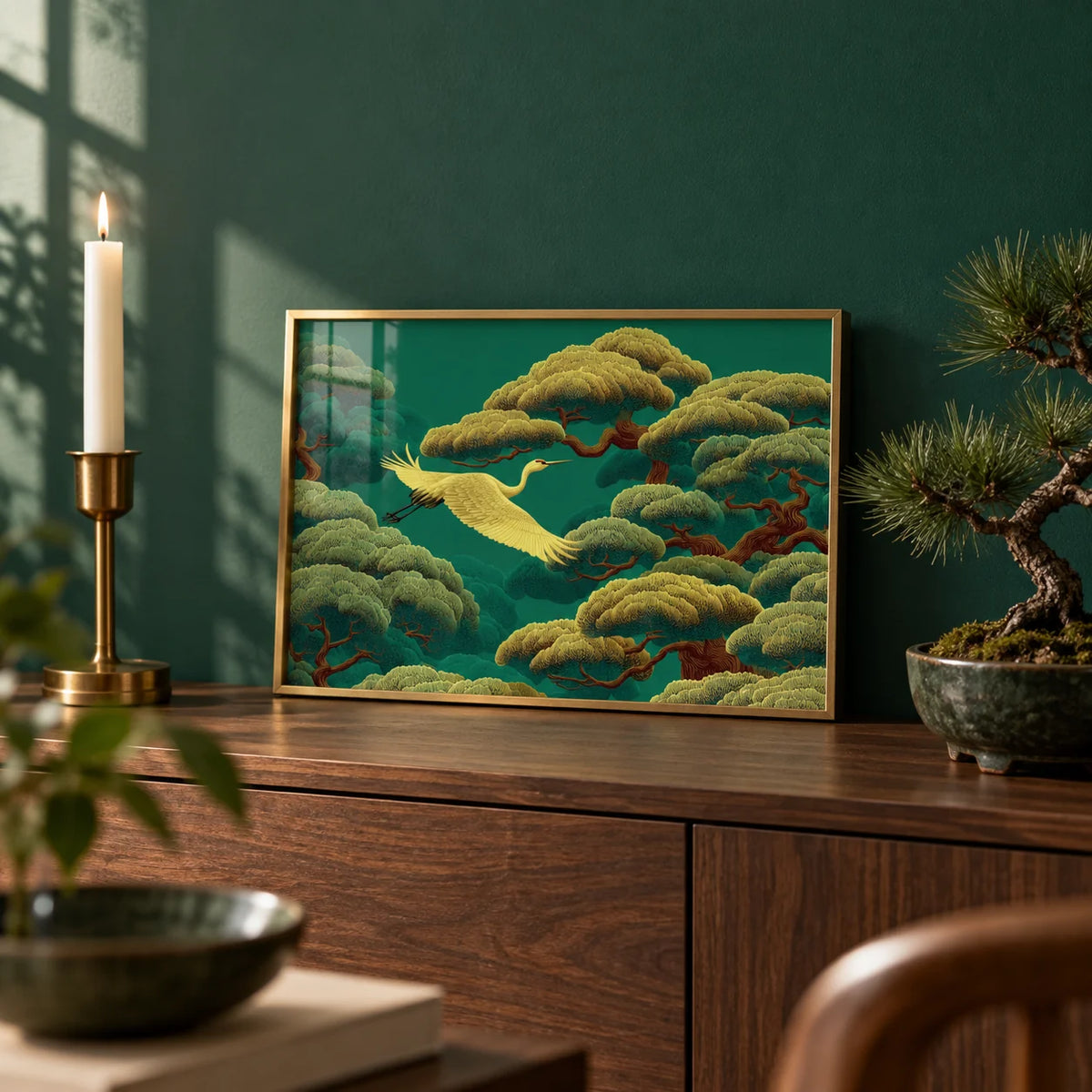 White Crane Painting, a small A4 framed print leaning on a walnut sideboard in a living room