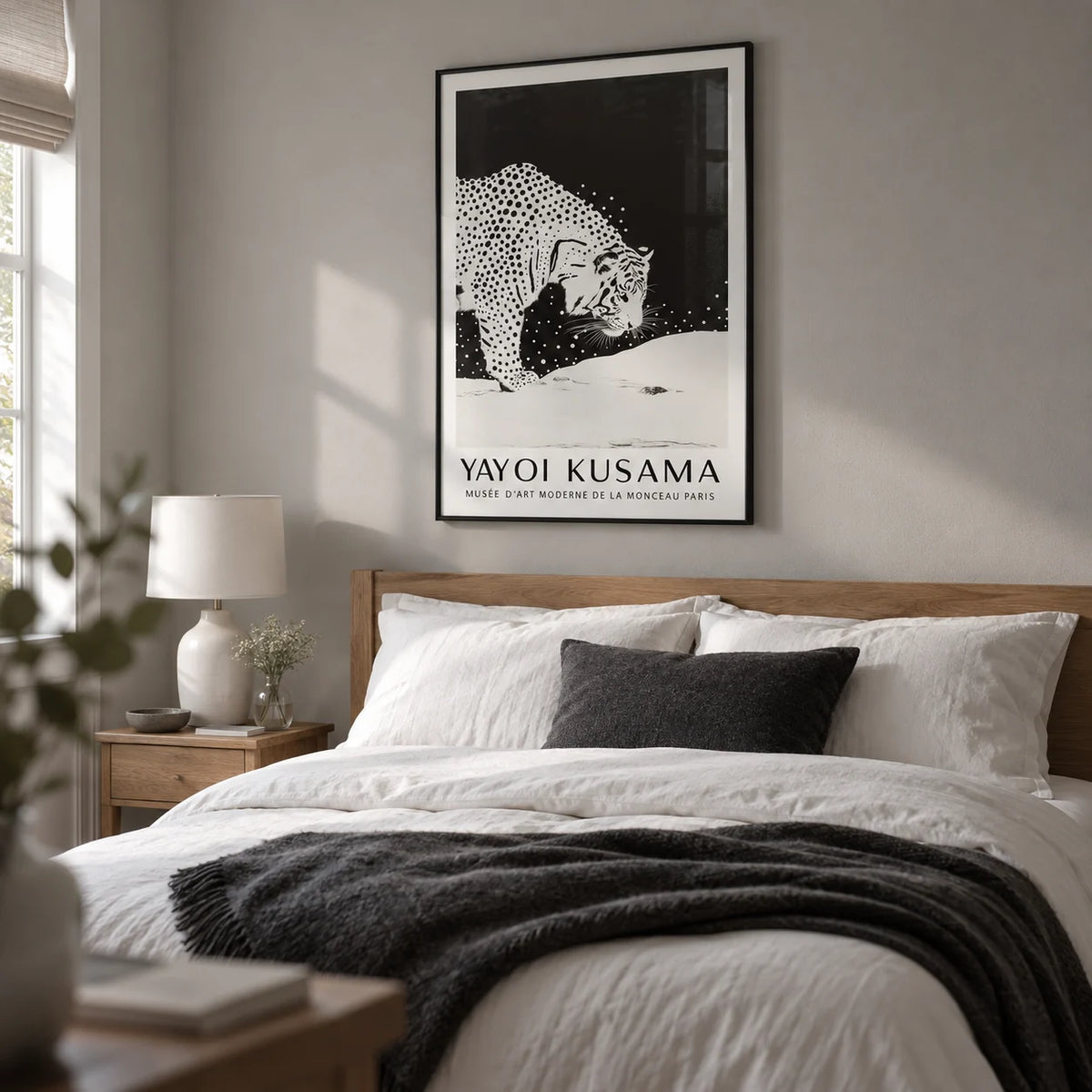 White Tiger Wall Art, framed on the wall of a calm contemporary bedroom in a UK terraced house with a soft grey wall