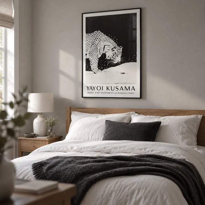 White Tiger Wall Art, framed on the wall of a calm contemporary bedroom in a UK terraced house with a soft grey wall