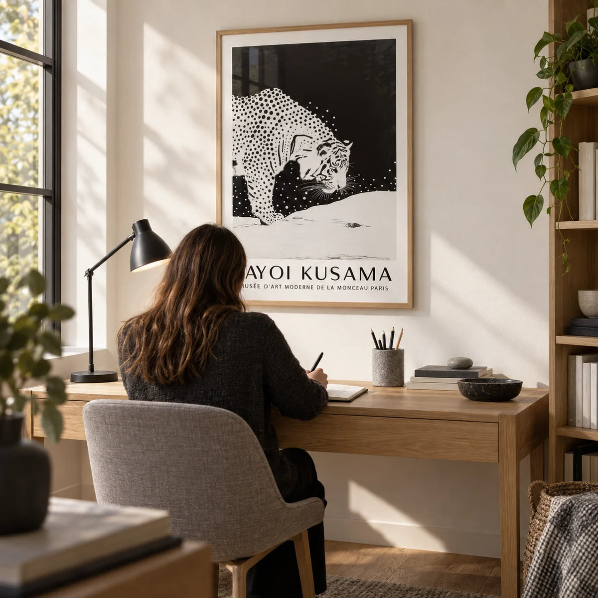 White Tiger Wall Art, framed on the wall of a compact modern home study with a warm white wall and oak floor