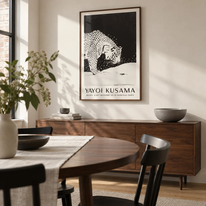 White Tiger Wall Art, framed on the wall of a contemporary dining room in a UK flat with a warm white wall