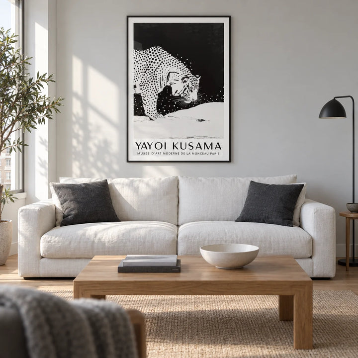 White Tiger Wall Art, framed on the wall of a modern living room in a UK city flat with a pale grey wall and warm oak floor