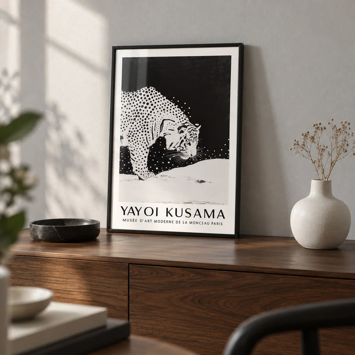 White Tiger Wall Art, a small A4 framed print leaning on a walnut sideboard in a living room