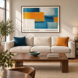 Wide Wall Art, framed on the wall of a contemporary living room in a UK city flat with warm white walls