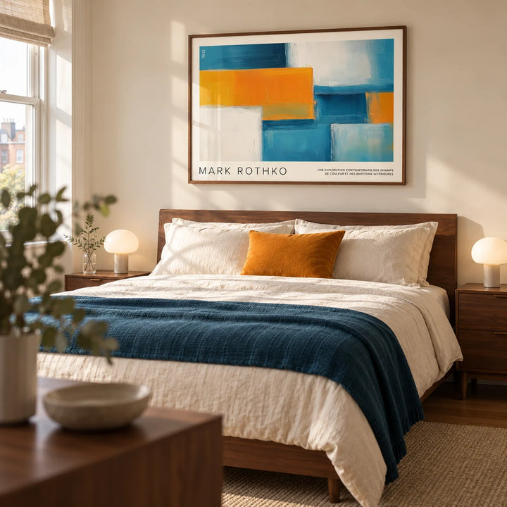Wide Wall Art, framed on the wall of a contemporary main bedroom in a UK flat with warm cream walls and walnut bedside tables