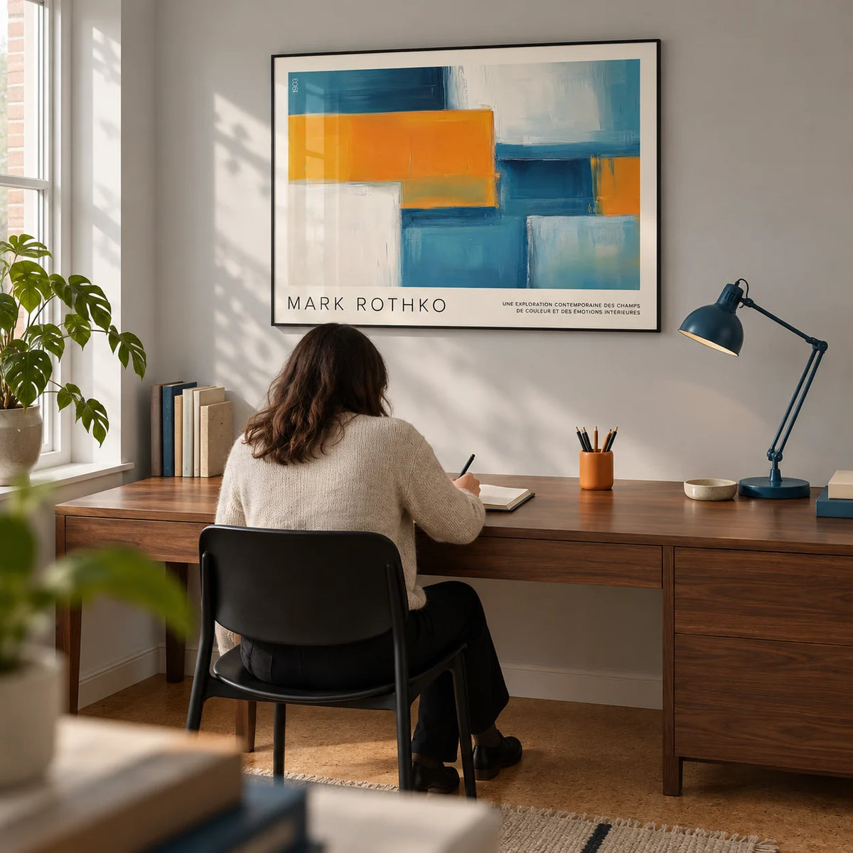 Wide Wall Art, framed on the wall of a design-led home study in a renovated UK terrace with a pale grey wall and a plain cork floor