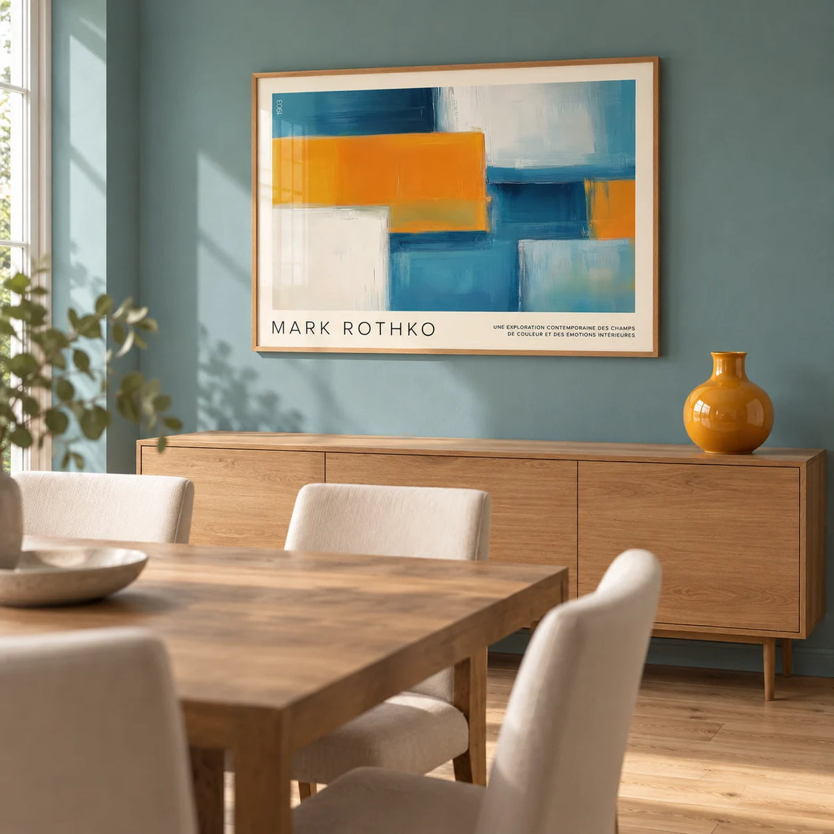 Wide Wall Art, framed on the wall of a modern dining room in a UK townhouse with a muted turquoise wall and pale oak floorboards