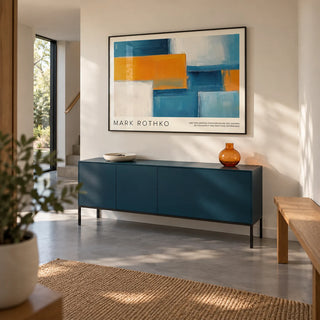 Wide Wall Art, framed on the wall of a spacious entrance hallway in a contemporary UK family home with off-white plaster walls and a smooth grey floor