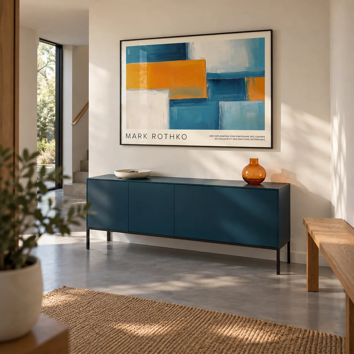 Wide Wall Art, framed on the wall of a spacious entrance hallway in a contemporary UK family home with off-white plaster walls and a smooth grey floor