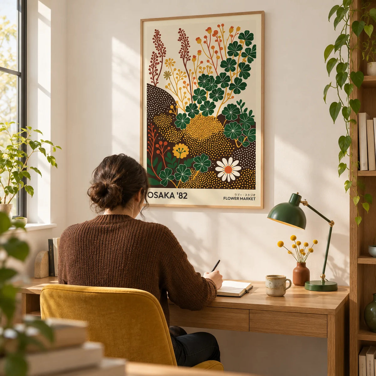 Wildflower Art Prints, framed on the wall of a bright home study for a botanical-art lover with warm white walls and a mustard-yellow upholstered desk chair