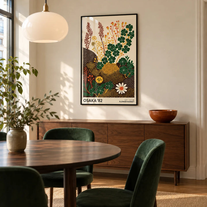 Wildflower Art Prints, framed on the wall of a compact design-led dining room in a city flat with a pale cream wall and a round dark wood table