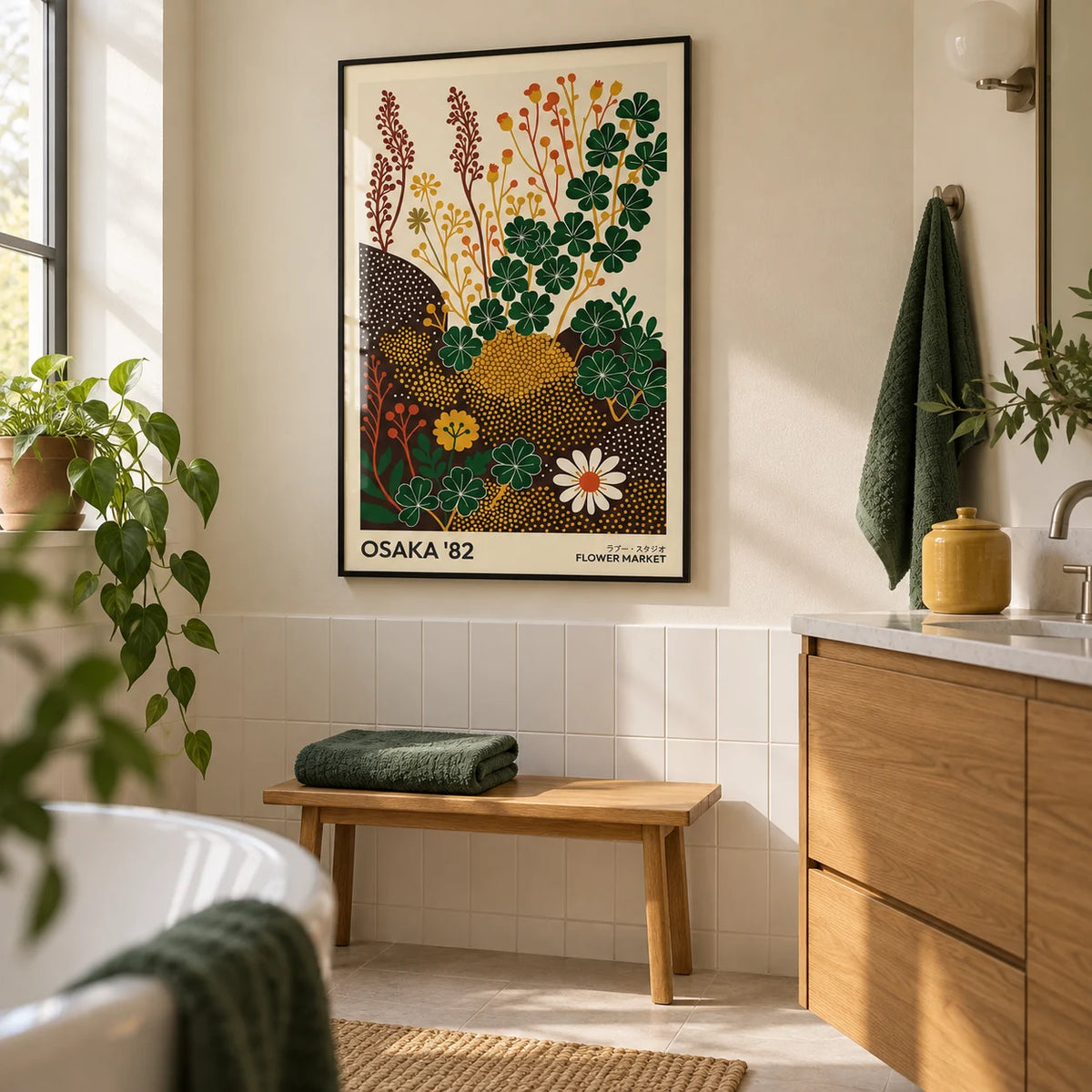 Wildflower Art Prints, framed on the wall of a modern botanical bathroom in a renovated terraced house with a cream painted wall above plain white tiles