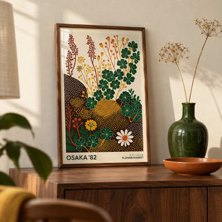 Wildflower Art Prints, a small A4 framed print leaning on a walnut sideboard in a living room