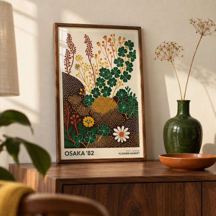 Wildflower Art Prints, a small A4 framed print leaning on a walnut sideboard in a living room