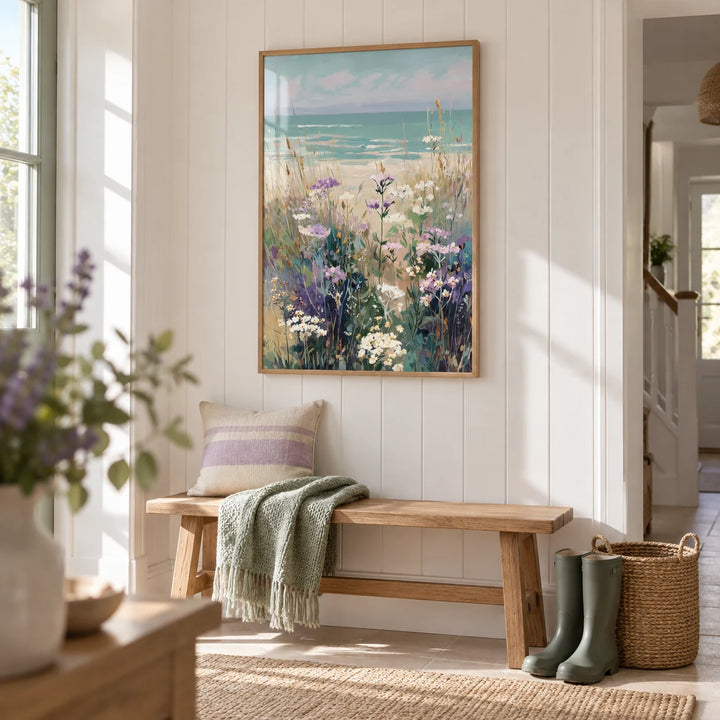 Wildflower Beach Print, framed on the wall of a bright hallway with white tongue-and-groove panelling
